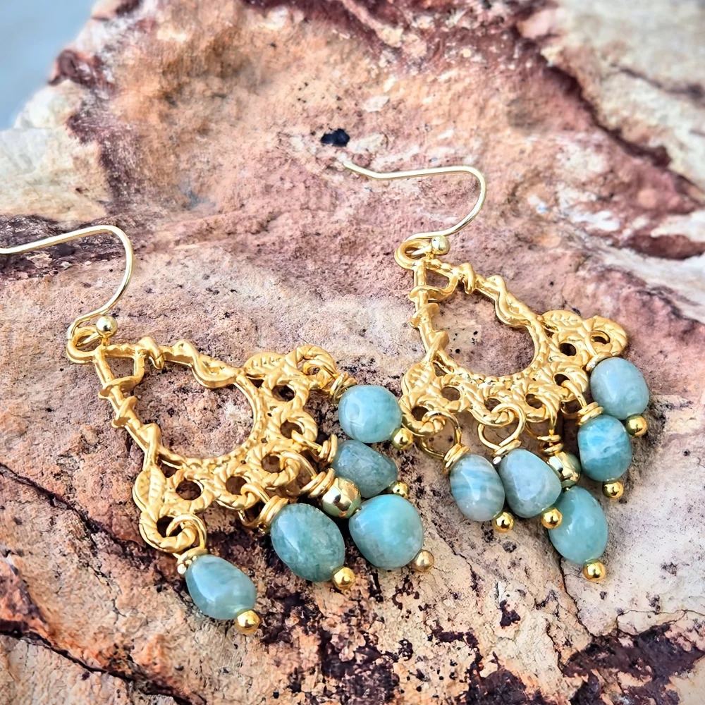 Amazon's Stone Of Hope  Amazonite In Mystical Filligree Gold Plated Earrings
